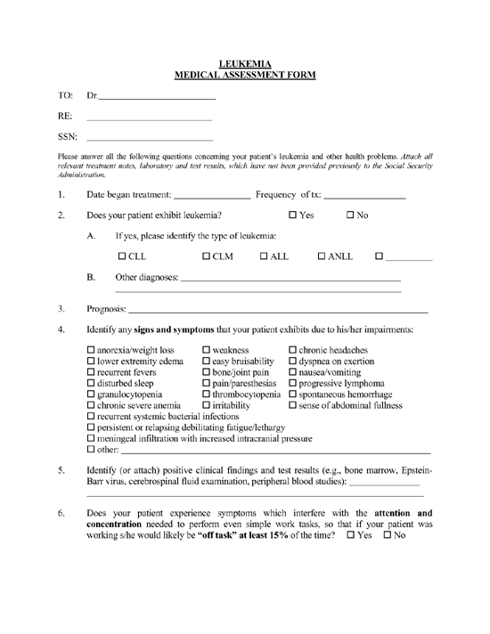 Leukemia Medical Assessment Form